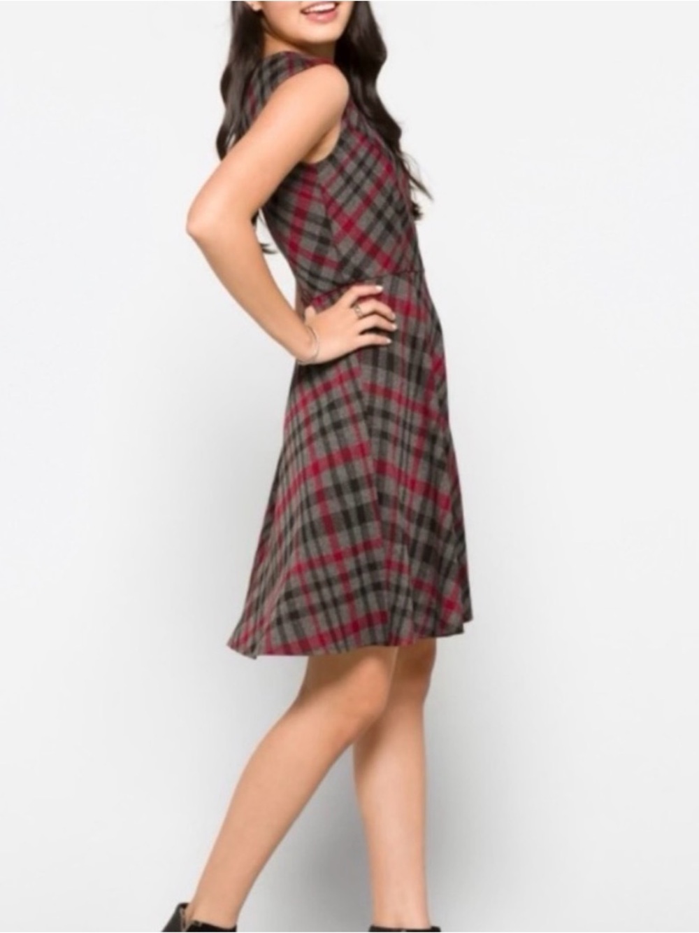 Maggy London Gray and Red Plaid Sleeveless Fit-and-Flare Mini Dress